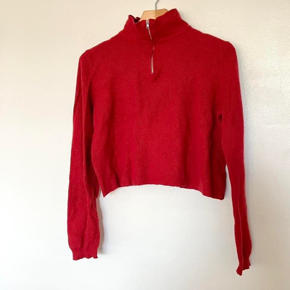 Brandy Melville red quarter zip ribbed cropped collared sweater